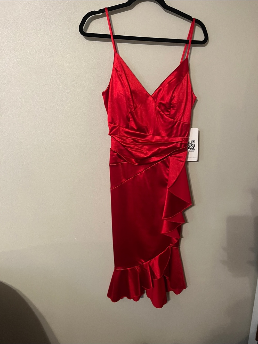 Emerald Sundae Red Satin Ruffle Midi Dress